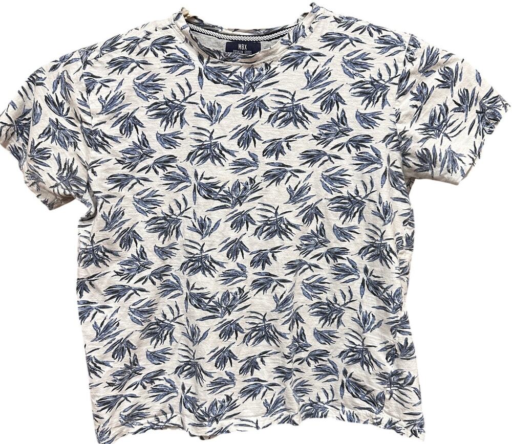 MBX Men T Shirt Size M Blue White All Over Print Floral Short Sleeve 100 Cotton